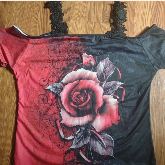 Women's Casual Rose Printed Tops V Neck Off Shoulder short Sleeve T-Shirt Blouse - Picture 4 of 6